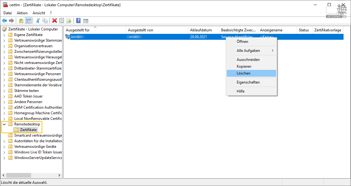 Windows Remote Desktop: Abgelaufenes Zertifikat löschen