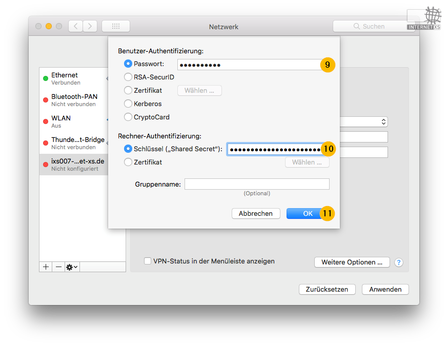 Screenshot L2TP-Verbindung einrichten auf mac os X